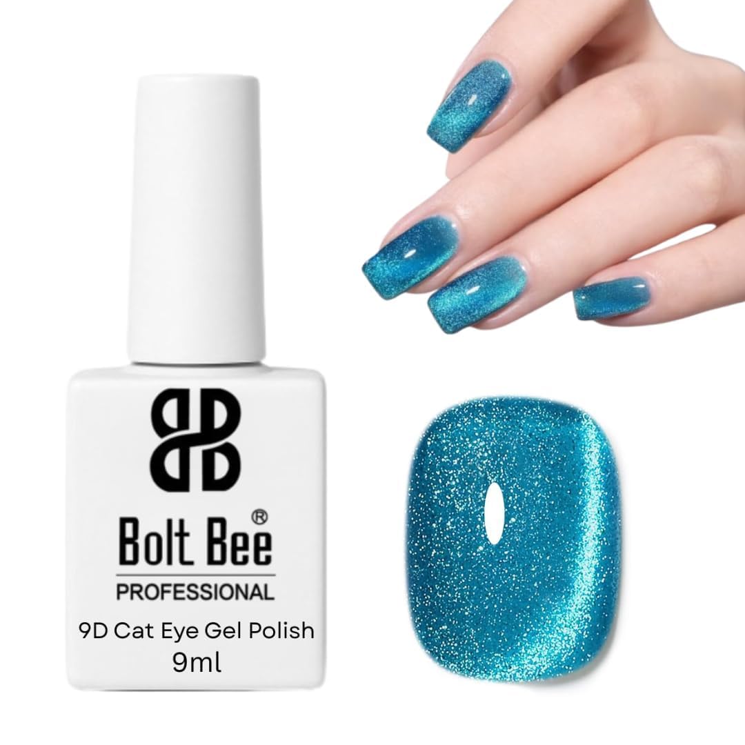 Bolt Bee 9D Cat Eye Gel Nail Polish Magnetic Soak Off UV/LED Gel, Long-Lasting, High Shine, Glitter Effect, Salon style effect (Blue)