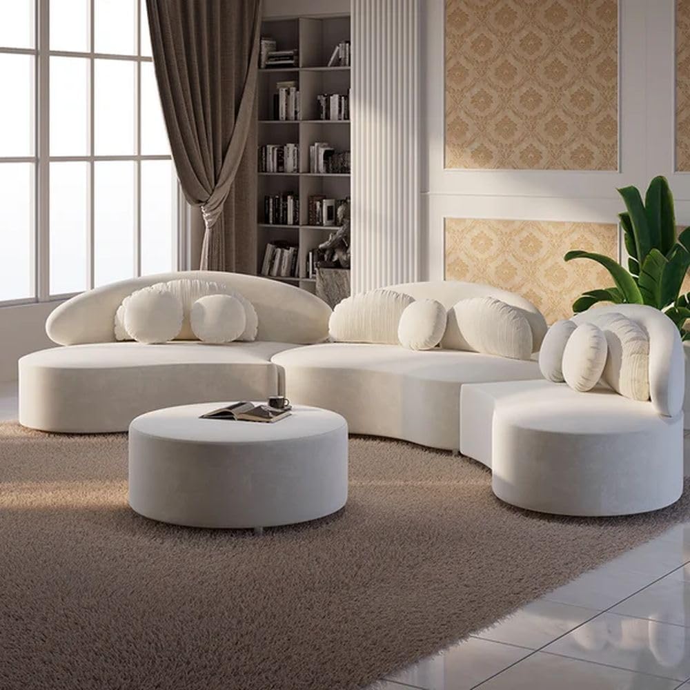 Royal Wood Furnishings/Velvet ushape 7 Seater Modern Classic with Puffy Ottoman White Sofa Set for Living Room Bedroom Home Office (Beige)-image-16