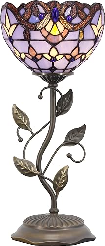 Miniatura 4 de Lámpara pequeña Tiffany de cristal manchado, lámpara de acento con base de hoja de metal, luz de escritorio de estilo barroco azul, 8 x 19 pulgadas