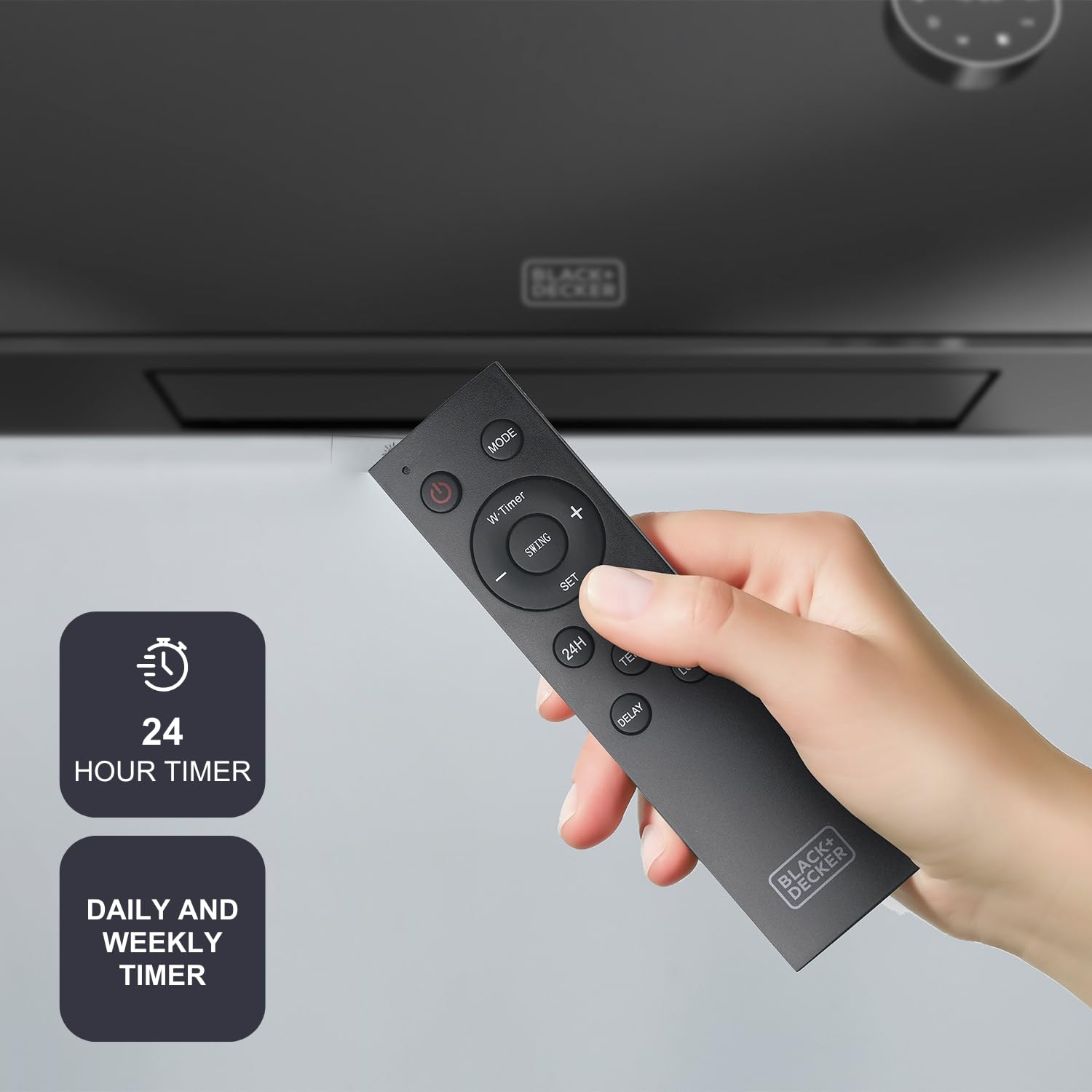 Black+Decker - Calefactor cerámico de pared BXWSH2001E | 2000W | Termostato regulable | Temporizador 24h | Control remoto | Pantalla LED | PTC | Oscilación automática | 20m2