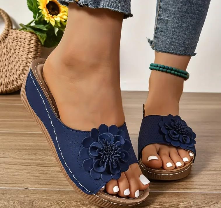 Breathable Orthopedic Open-Toe Slippers for Women, Flower Sandals Arch Support Leather Wedge Platform Sandals2