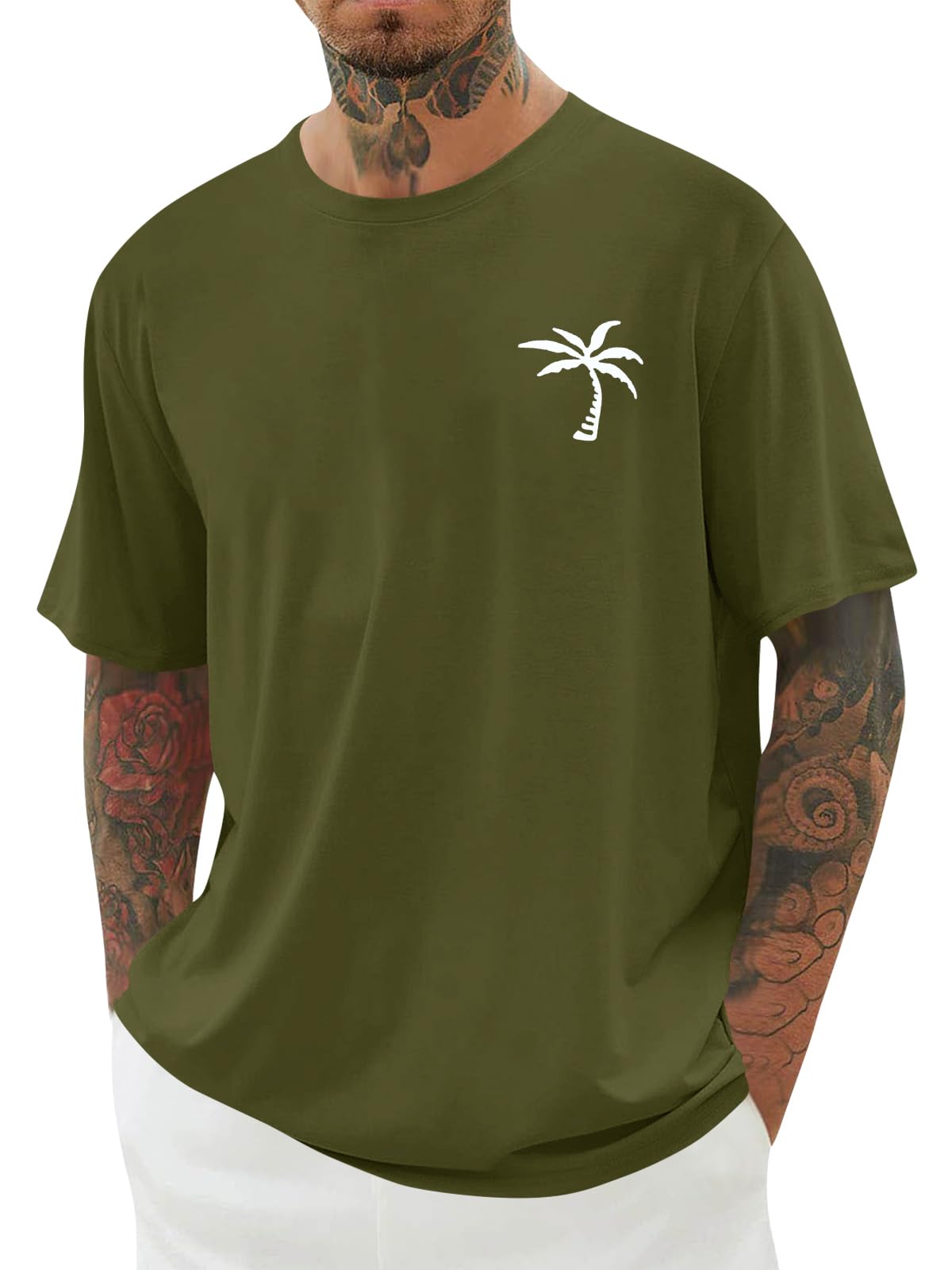 Photo 1 of iudam Mens Short Sleeve T-Shirt Graphic Loose Fit Tee Crew Neck Palm Tree Summer Shirts (Army Green,2XL)
