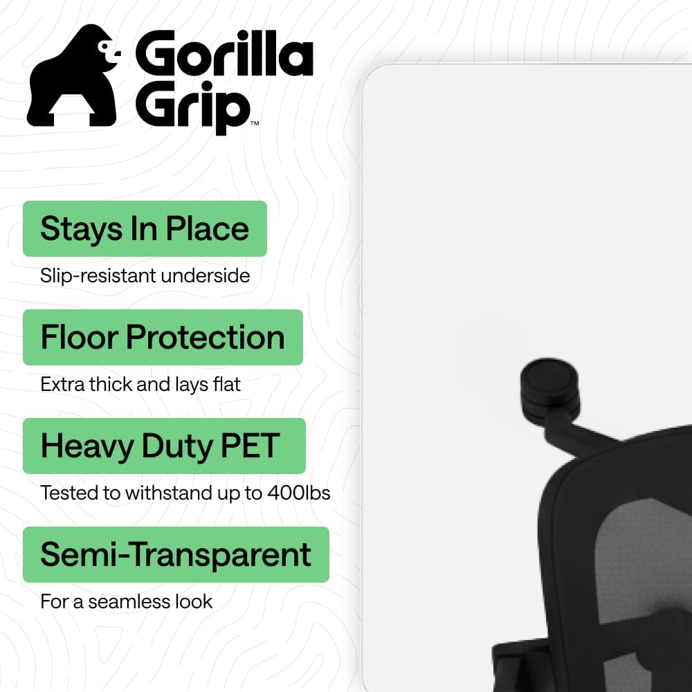 GORILLA GRIP Slip Resistant Clear Office Chair Mat for Hardwood Floors, 36x48, Smooth Rolling Glide Under Desk, Heavy Duty Plastic Computer Mats and Hard Wood Floor Protector, Work and Gaming Chairs
