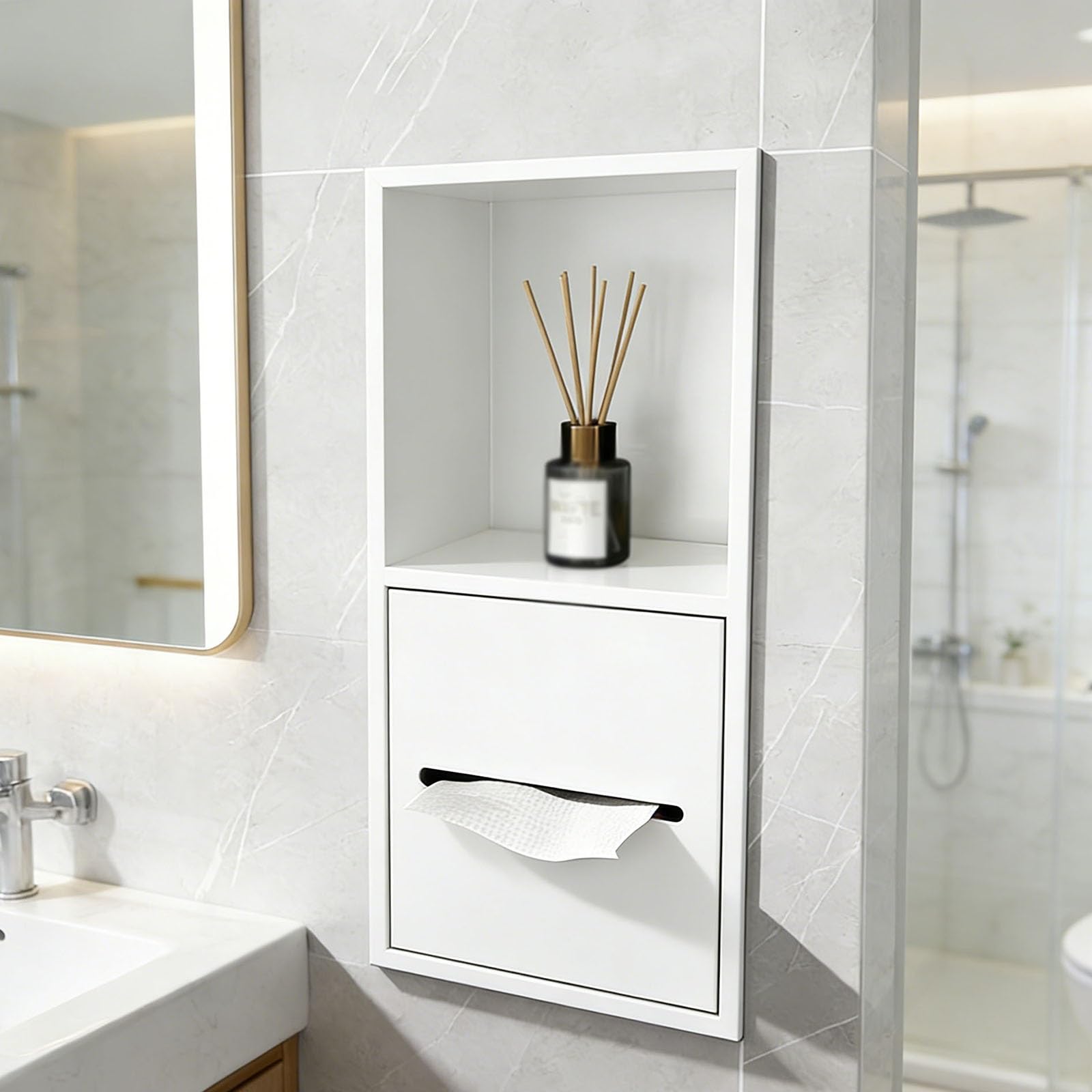 Nicho de baño de acero inoxidable negro con estante y portarrollos