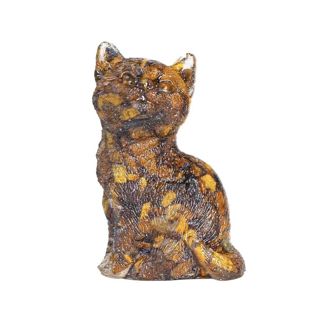 HUFFA Natural Crystal Sitting Cat Figurine - Resin-Filled Desk Decoration with Raised Head(Tigereye)