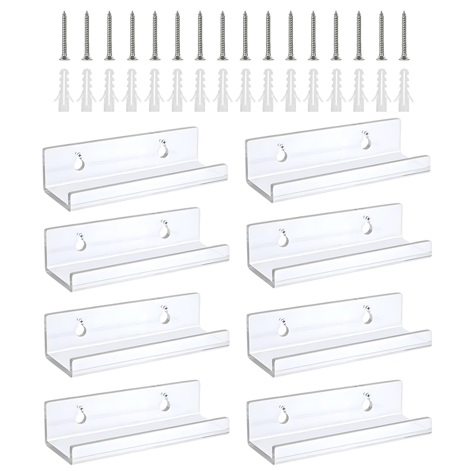 Reicyfang 8 Pack Acrylic Vinyl Record Shelves, 4" Clear Plastic Wall Shelf Room Decor Wall Mount Display Rack for Lp Cd Storage, Floating Vnyl Shelves for Vinyl Record Book Photo Picture in Bedroom