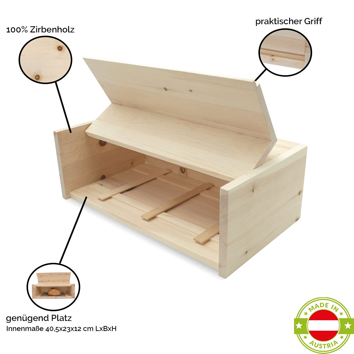 Brotkasten aus Zirbenholz mit Gitter und Bienenwachstuch, 45x16x25 cm | Handgefertigte Brotdose aus Naturholz, Made in Austria
