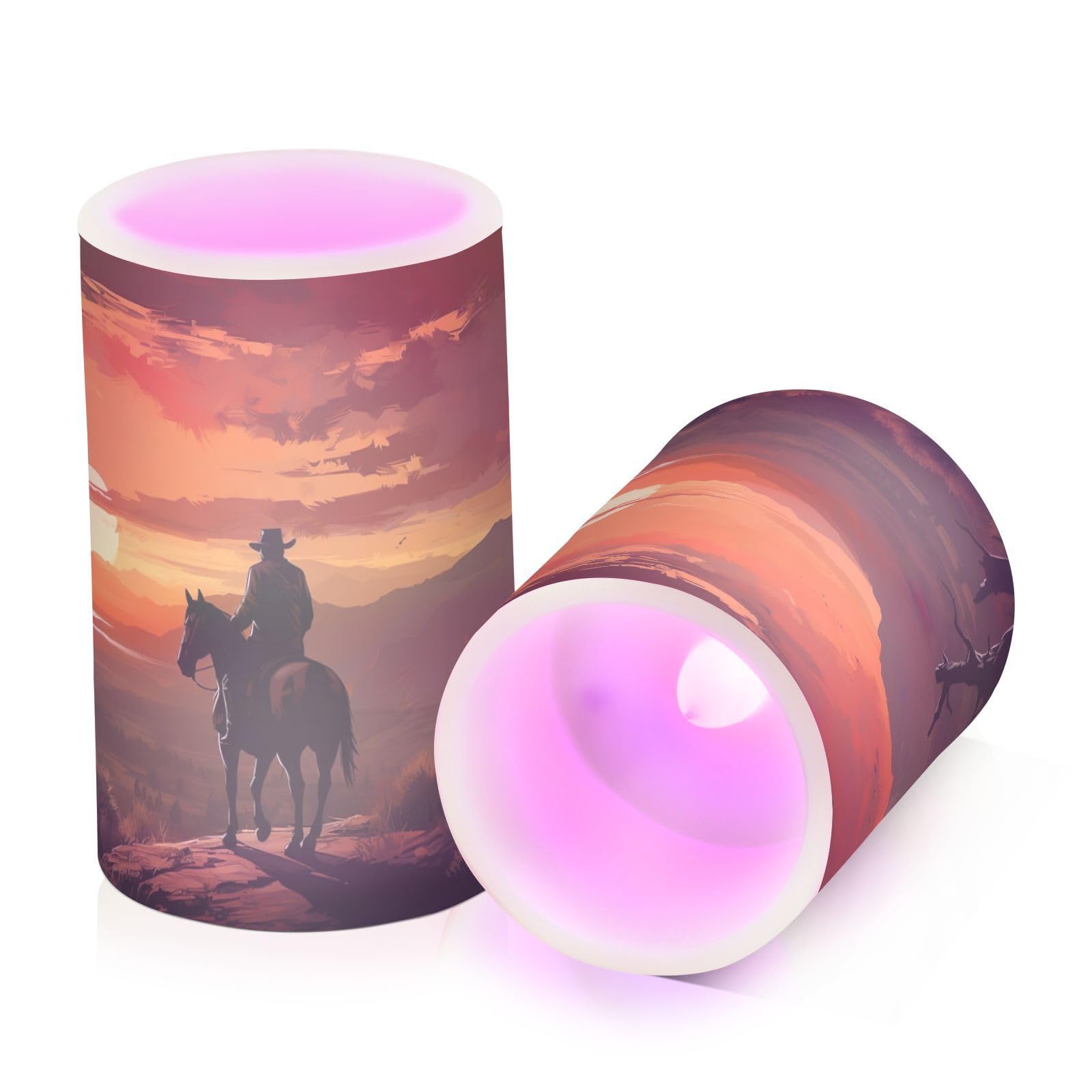 Kigai Cowboy Pattern6210 Flameless Candles with Remote Control and Timer,Battery Operated LED Pillar Candles Adjustable Brightness for Ourdoor Indoor Use,Home Decor,2 Pack