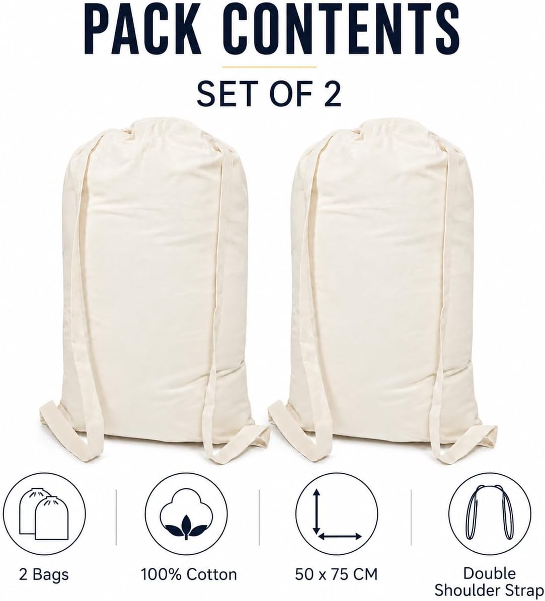 Cotton Canvas Laundry Bag with Drawstring, Natural Beige, 50x75 cm, (2, natural, double strap)