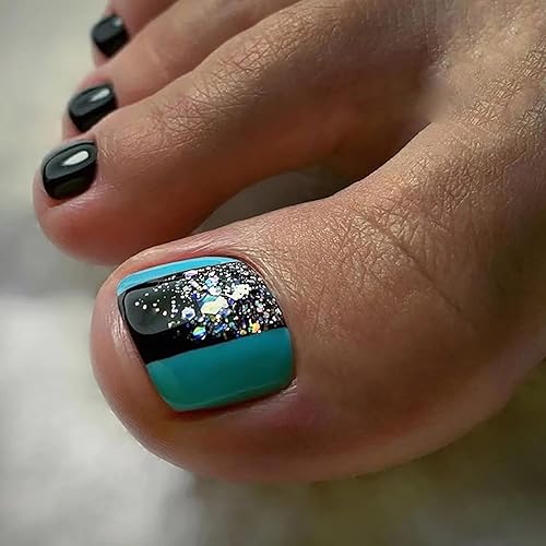 Uñas postizas blancas a presión con forma cuadrada corta, uñas postizas de cobertura completa, uñas acrílicas brillantes con diseño de purpurina,