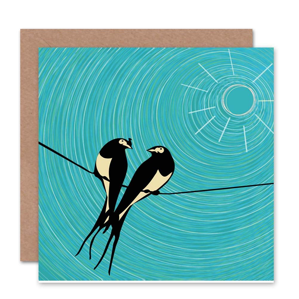 Wee Blue Coo BIRDS ON WIRE SUN BLANK GREETINGS BIRTHDAY CARD ART