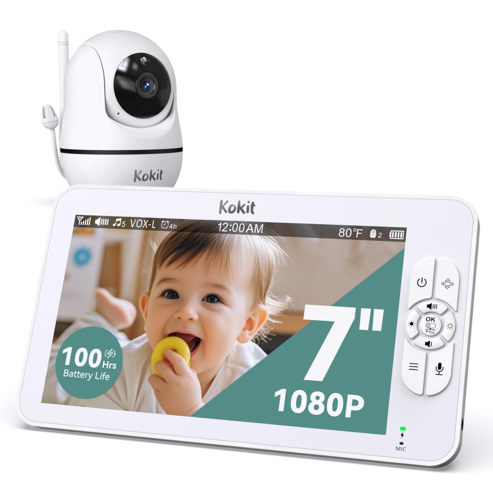 Baby Monitor con fotocamera e audio, monitor video HD 1080P da 7 pollici, senza WiFi, batteria da 5000 mAh, modalità VOX, visione notturna automatica, a prova di hacking, PTZ remoto