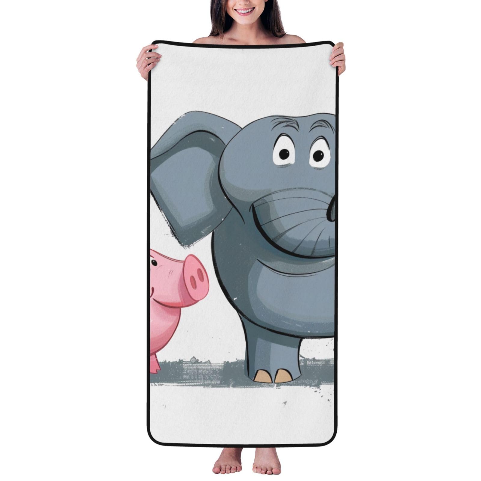 WPKJU Elephant and Piggie Printed Bath Towel with Black Edging - 27x55 in Soft Extra Absorbent Coral Velvet Shower Towels for Bathroom