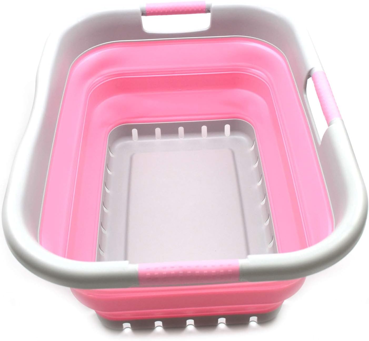 SAMMART 41L Collapsible 3-Handled Laundry Basket - Foldable Pop-Up Hamper, Space-Saving Storage Tub, Grey/Pink
