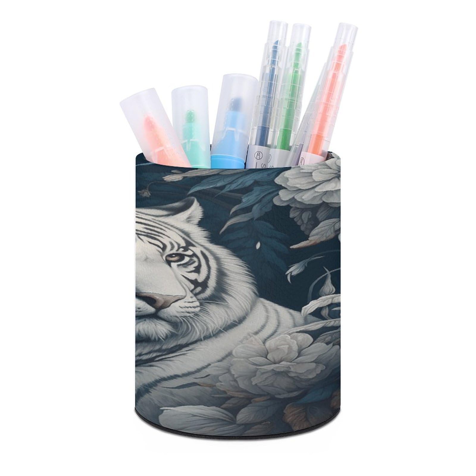 FekiLoot PU Leather Round Pen Holder Tiger And Flowers Pencil Holder Desk Organizer Pen Organizer Pen Cup Pencil Cup Caddy Desktop Stationery Organizers for Office Home Supplies