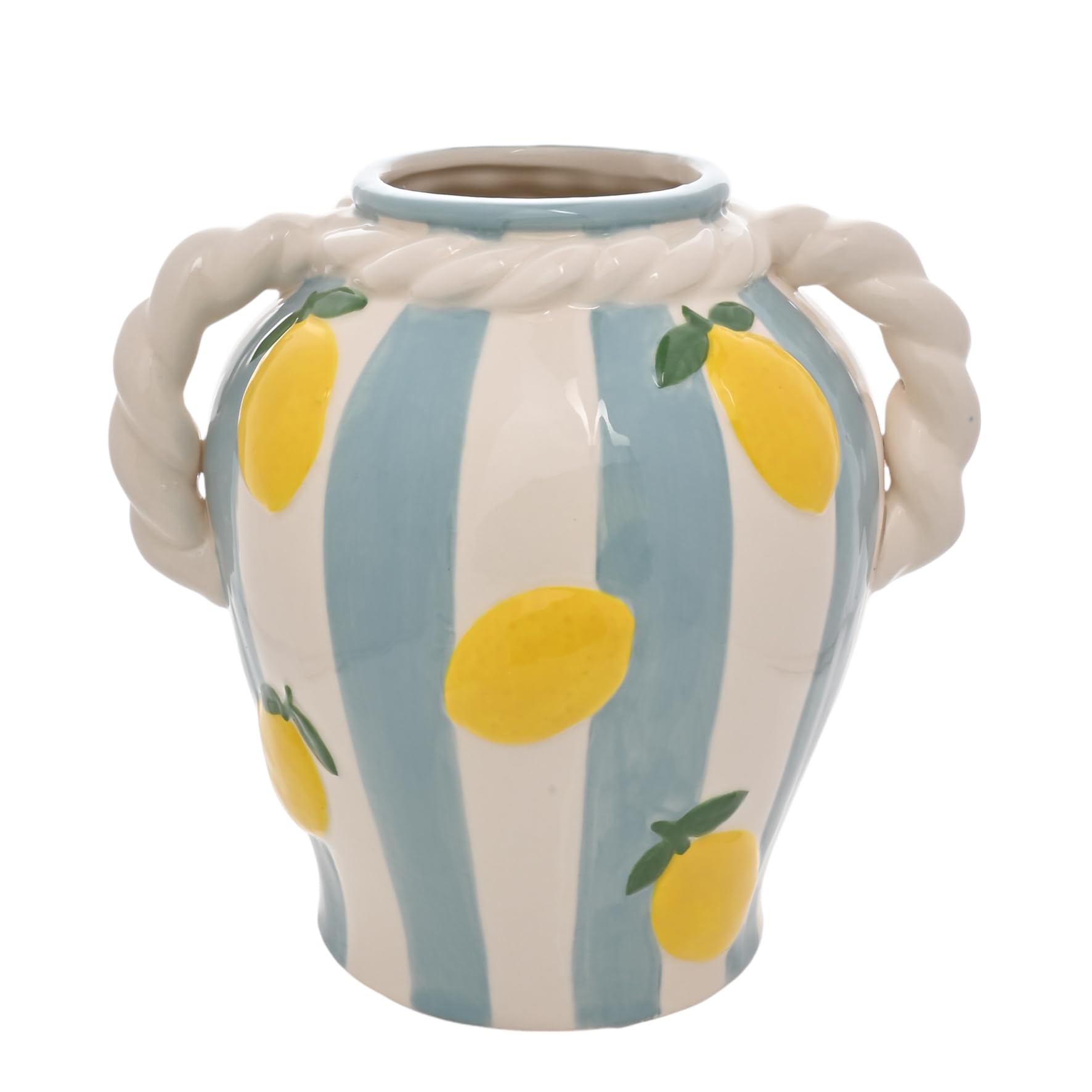Widdop And Co White / Blue / Yellow Hestia Lemon Vase With Lemon And Rope Effect Handle Withstripes – Ceramic Mediterranean-Style Vase For Fresh Or Faux Flowers, Whimsical Spring/Summer Home Décor - H: X W: 16Cm. 19Cm