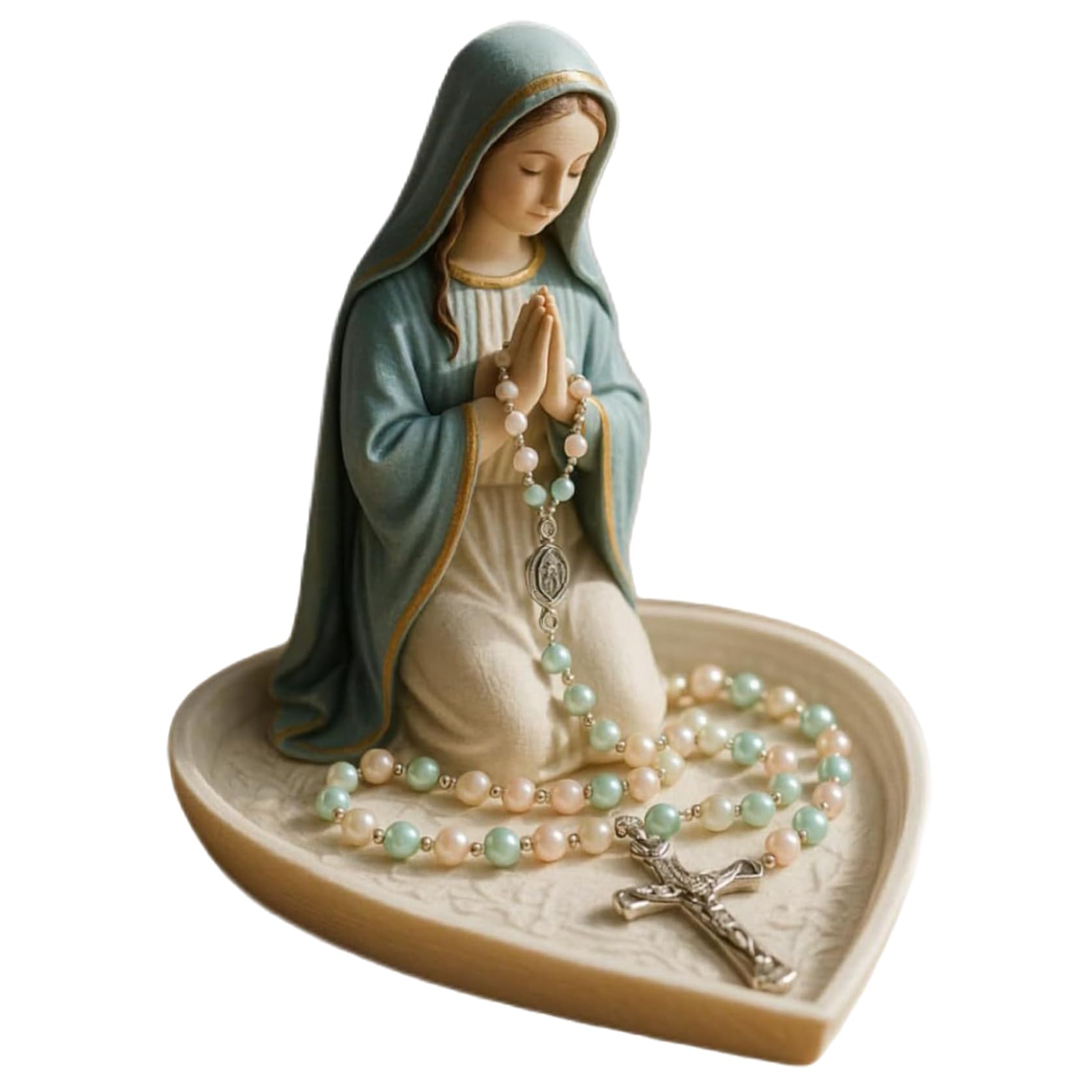 Licsaliwe Blue + Beige Rosary Holder, Elegant Resin Blessed Mother Mary Statue For Prayer Catholic Religious Home Decor & Present Compact Desktop Altar Statue