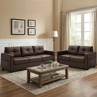 FURNY Hermon 5 Seater Premium Leatherette 3+2 Sofa Set (Brown) Durable & Comfortable | Ideal for Living Rooms Price In India
