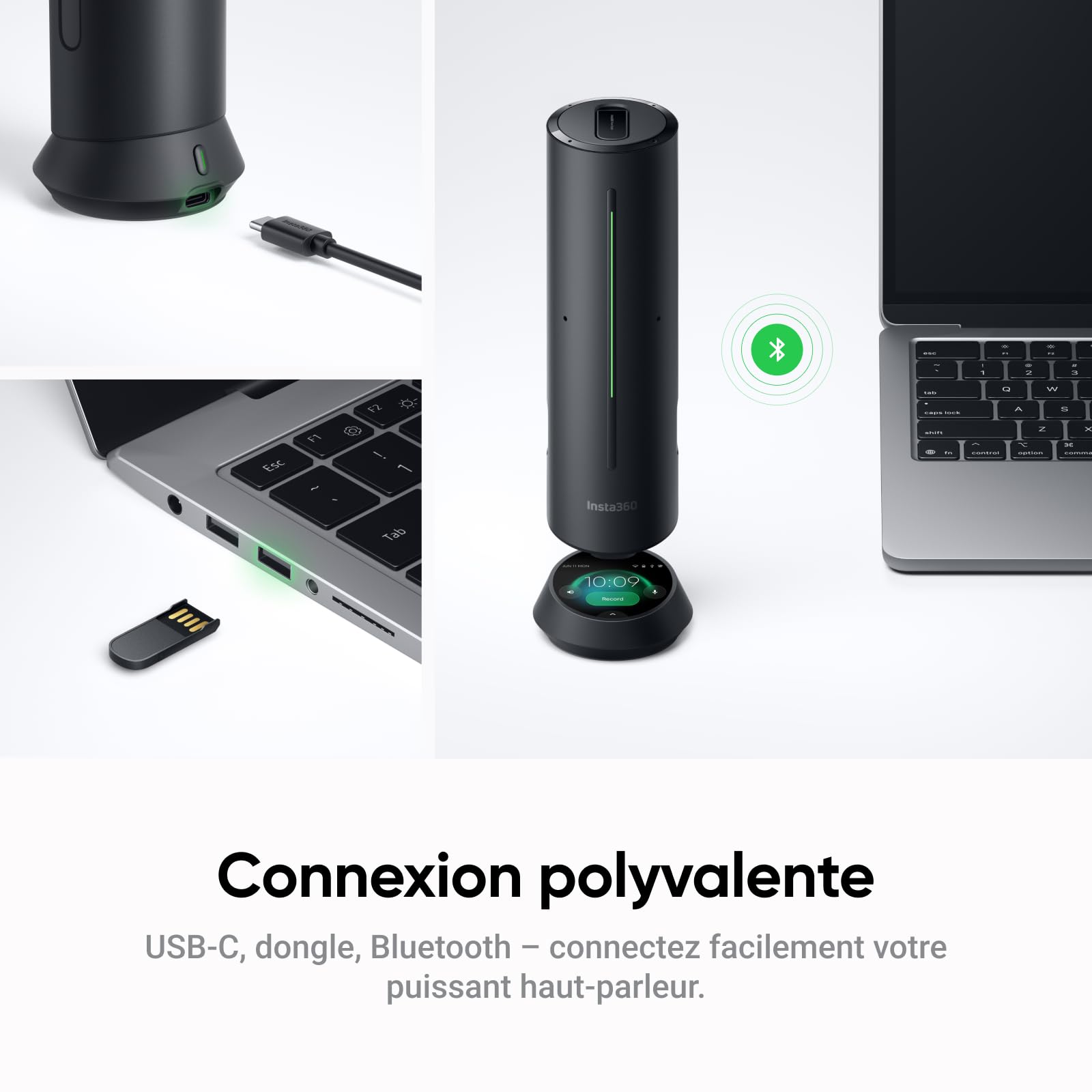 Insta360 Wave Noir Graphite– Haut-Parleur IA, Bluetooth, enregistreur Vocal, 8 micros réduction du Bruit, Beamforming, certifié Zoom, Transcription et résumé IA, 99 Langues, Stockage 32 Go
