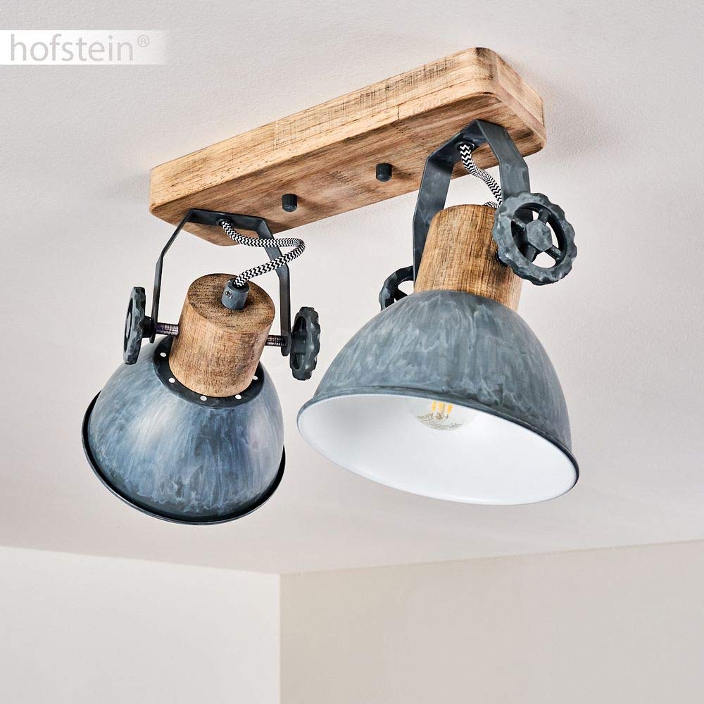 Plafoniera Orny, 2 luci, con faretti regolabili, lampada da soffitto in metallo/legno in grigio/bianco/marrone, 2 x attacco E27, faretto dal design retrò/vintage, senza lampadina/e