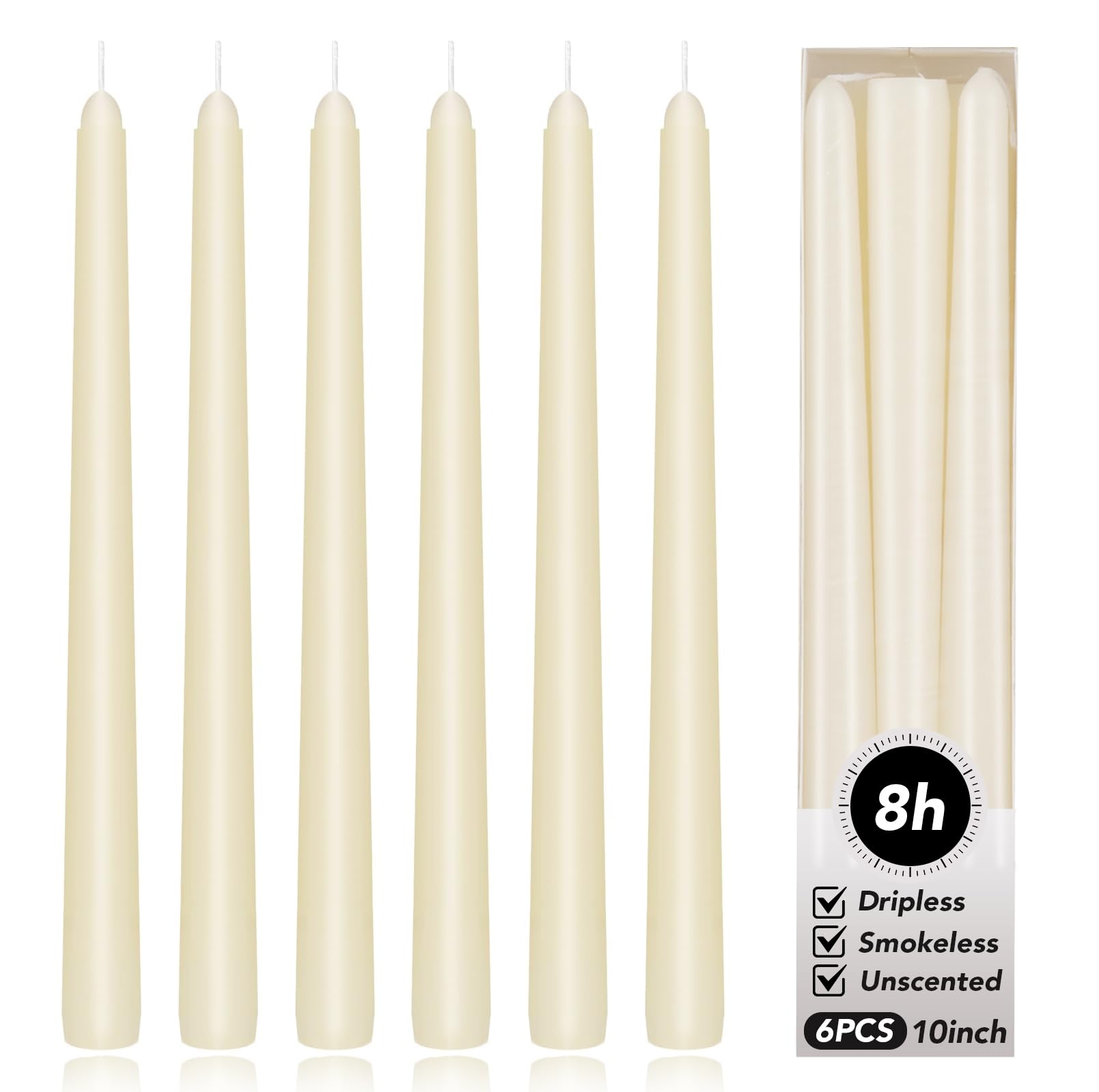 KORCCI Ivory Taper Candles 10 Inch - Set of 6 Long Candles, 8 Hours Long Burning, Smokeless &amp; Unscented &amp; Dripless, for Christmas Holiday Décor, Weddings, Birthdays, Dinner, Rituals (Ivory)