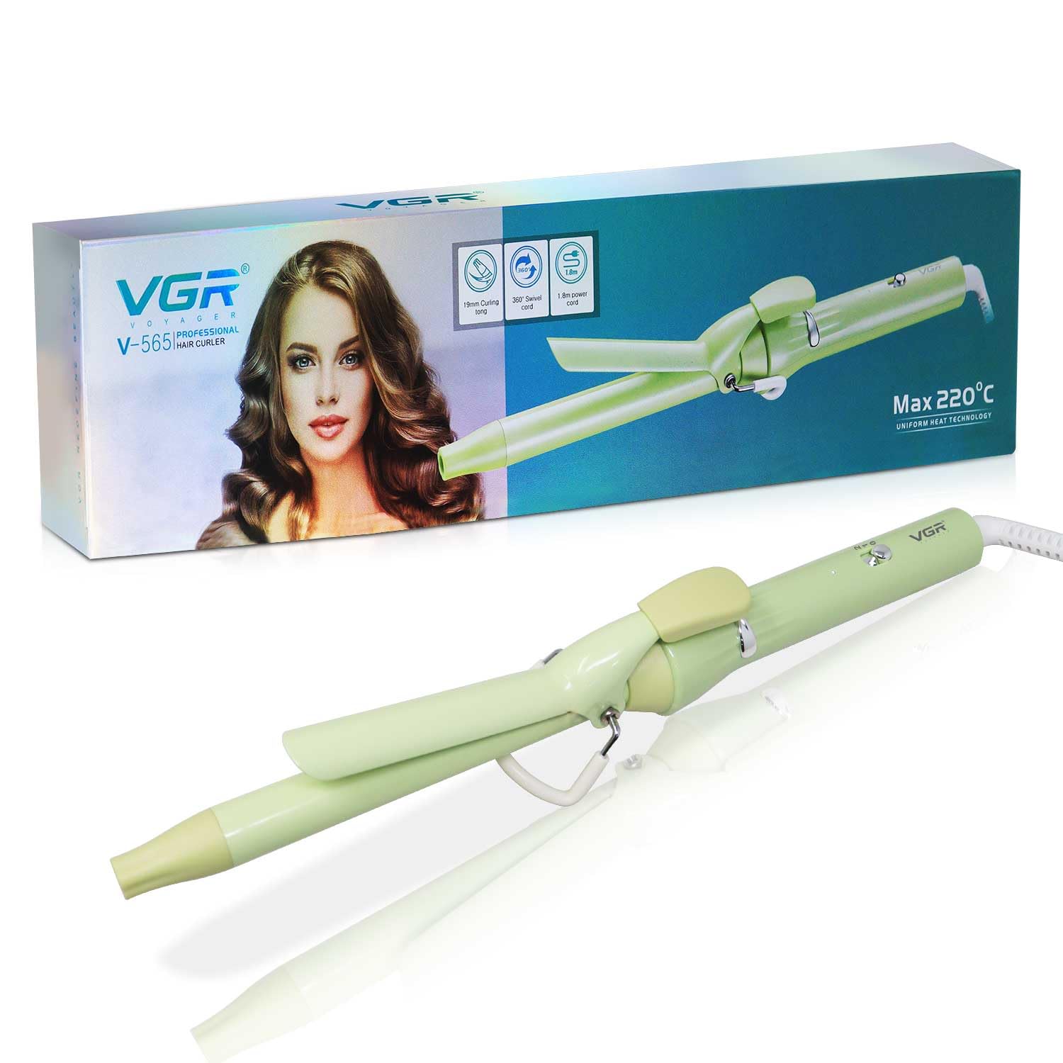 V-565 Professional Electric Hair Curling Wand – Fast Heating 19mm Ceramic Curler with 220°C Maximum Heat Setting, Precision Temperature Control, Customized Heat Settings (Green)