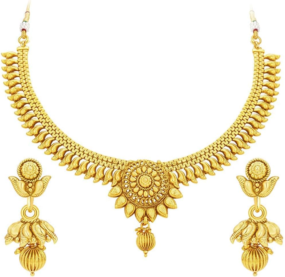 I Jewels 18K Gold Plated Indian Wedding Bollywood Stylish Golden Necklace with Earrings for Women (MC062-MC125)