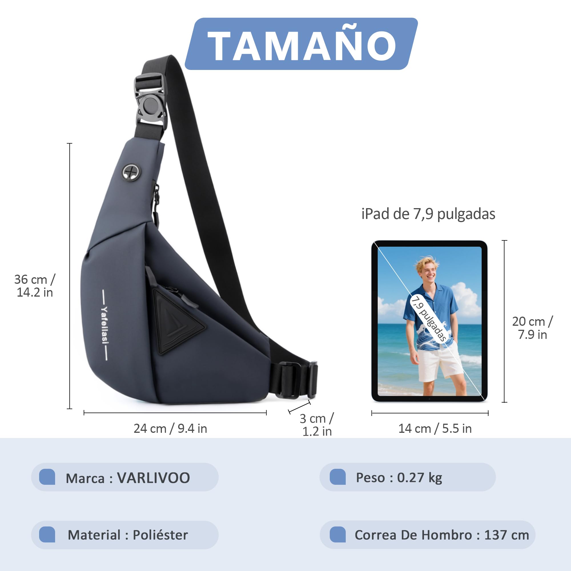 VARLIVOO Bandolera Hombre Antirrobo, Bolso Cruzado Pequeño para Hombre, Bolsa de Pecho Impermeable para Trabajo, Viaje y Uso Diario Azul B
