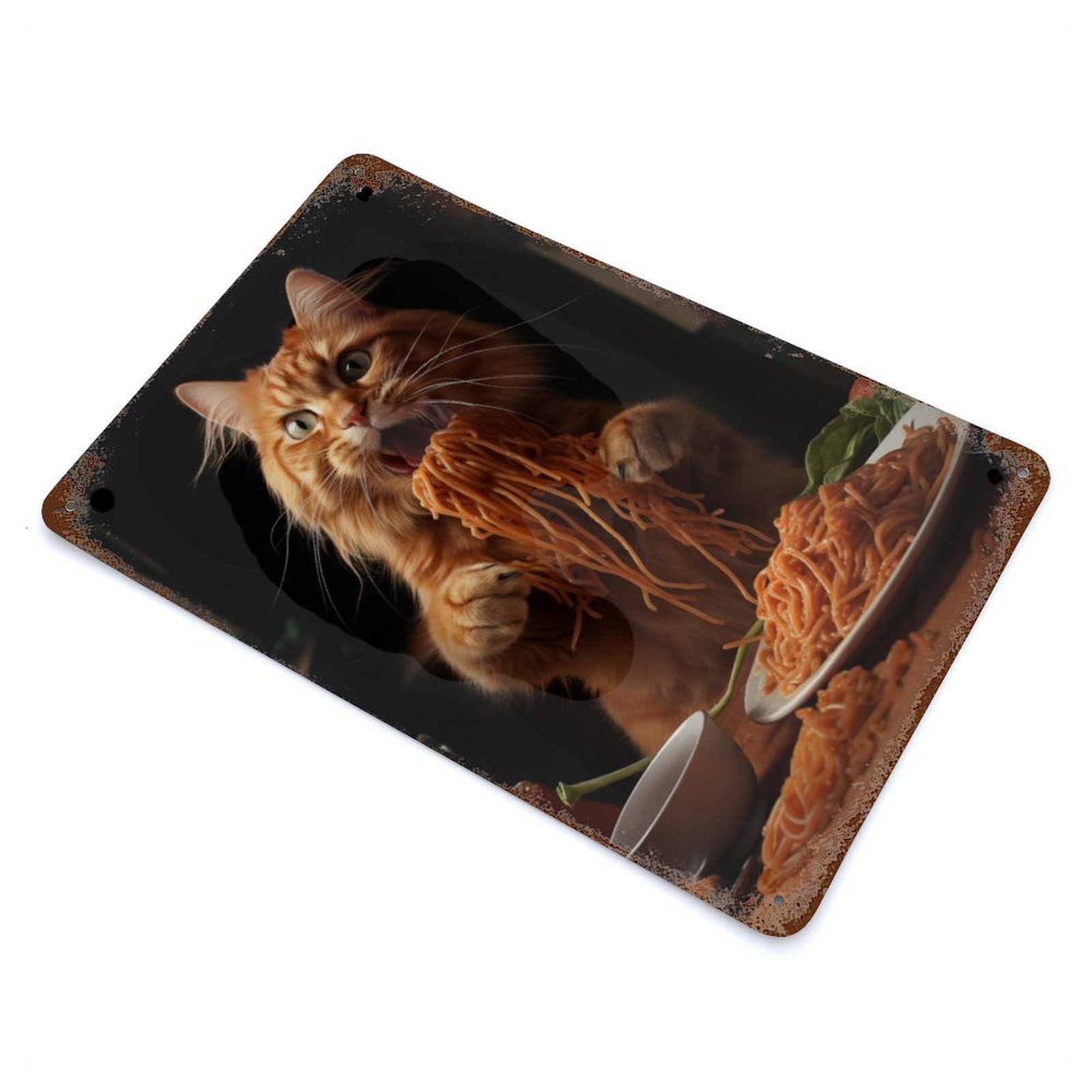 Garage Style Cat Eating Spaghetti Aged Metal Wall Plaque 11.8"x7.9", Vintage Wall Decor for Bar And Workshop