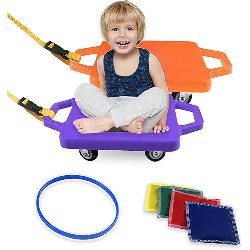 2 Plastic Scooter Boards with Handles for Kids Sitting and Sports Training, with 1 Ring, 2 Ropes and 4 Beanbags, Indoor and Outdoor Play