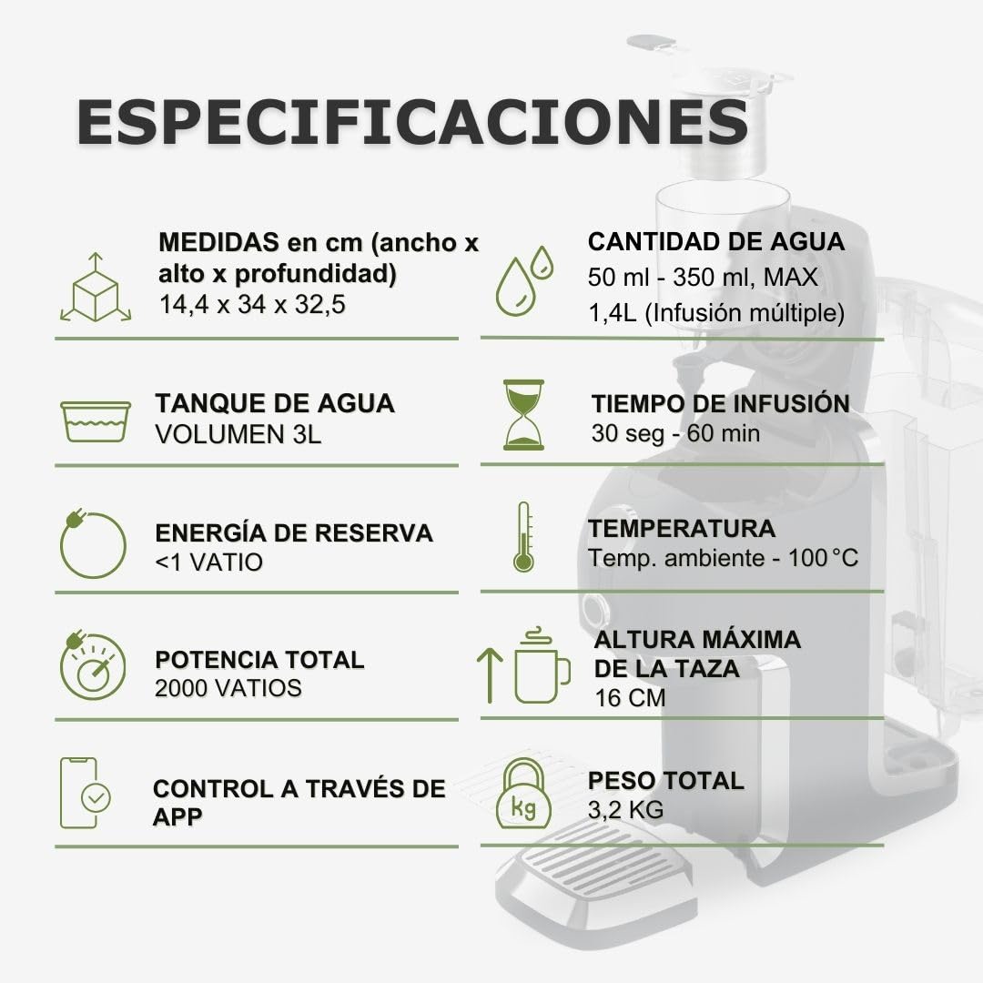 Máquina de té BRU Maker One, SIN cápsulas, dispensador de agua caliente y máquina de té en uno, té y agua filtrada con solo tocar un botón, sistema de limpieza automático