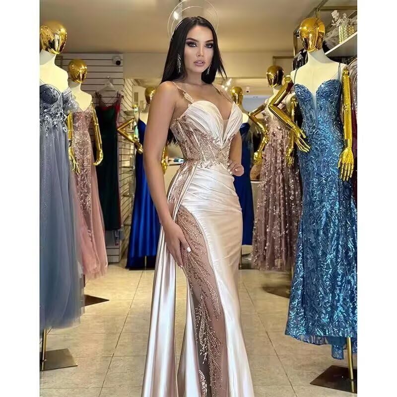 BOLENSYE Satin Mermaid Prom Dresses Long Sequin Lace Evening Party Gown with Slit Pleated Formal Dress for Women3