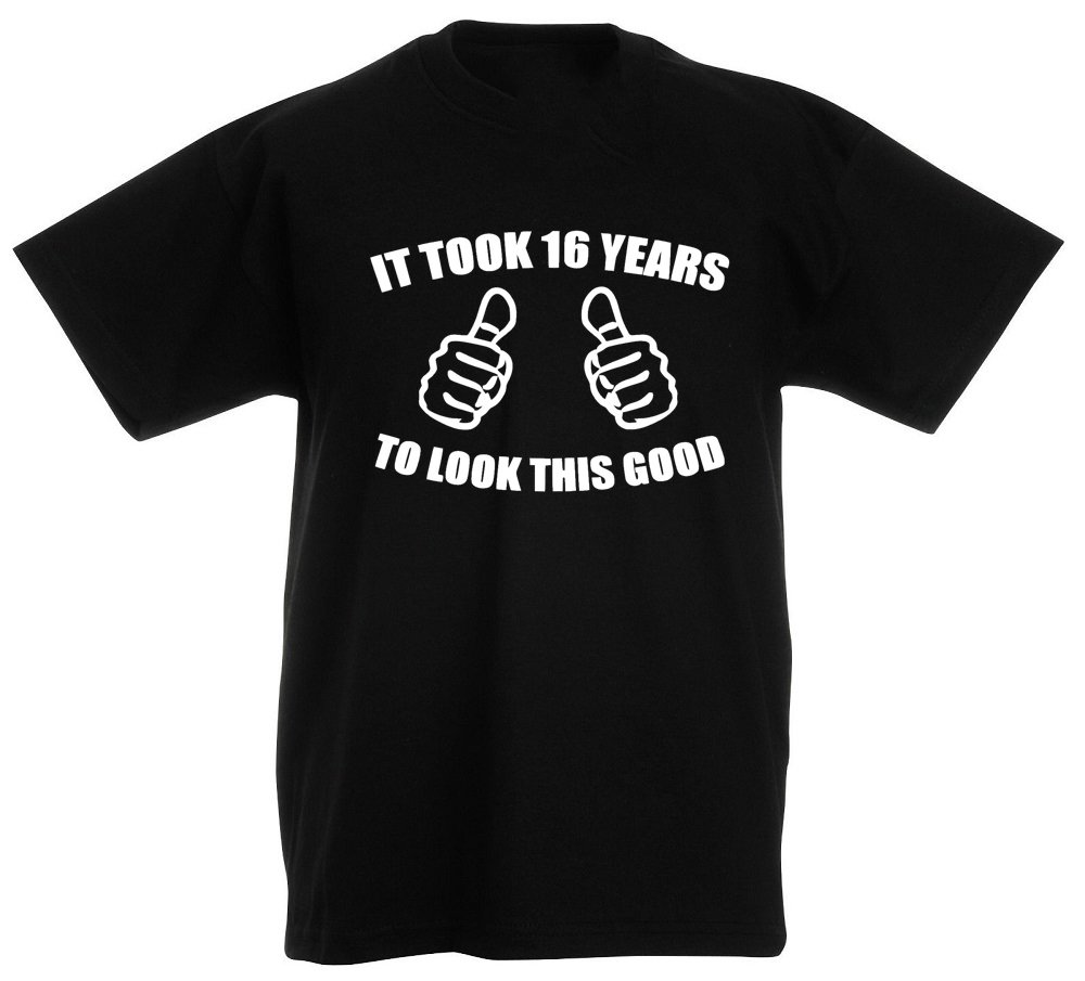 Loltops Boys Black It Took 16 Years To Look This Good T-Shirt For (Medium, )