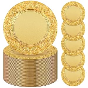 Uiifan Antique Charger Plates Bulk 13” Plastic Embossed Dinner Plate Chargers Round Floral Plates for Wedding Decorative Chargers for Table Dinner Kitchen Party Decoration(Gold, 100 Pcs)