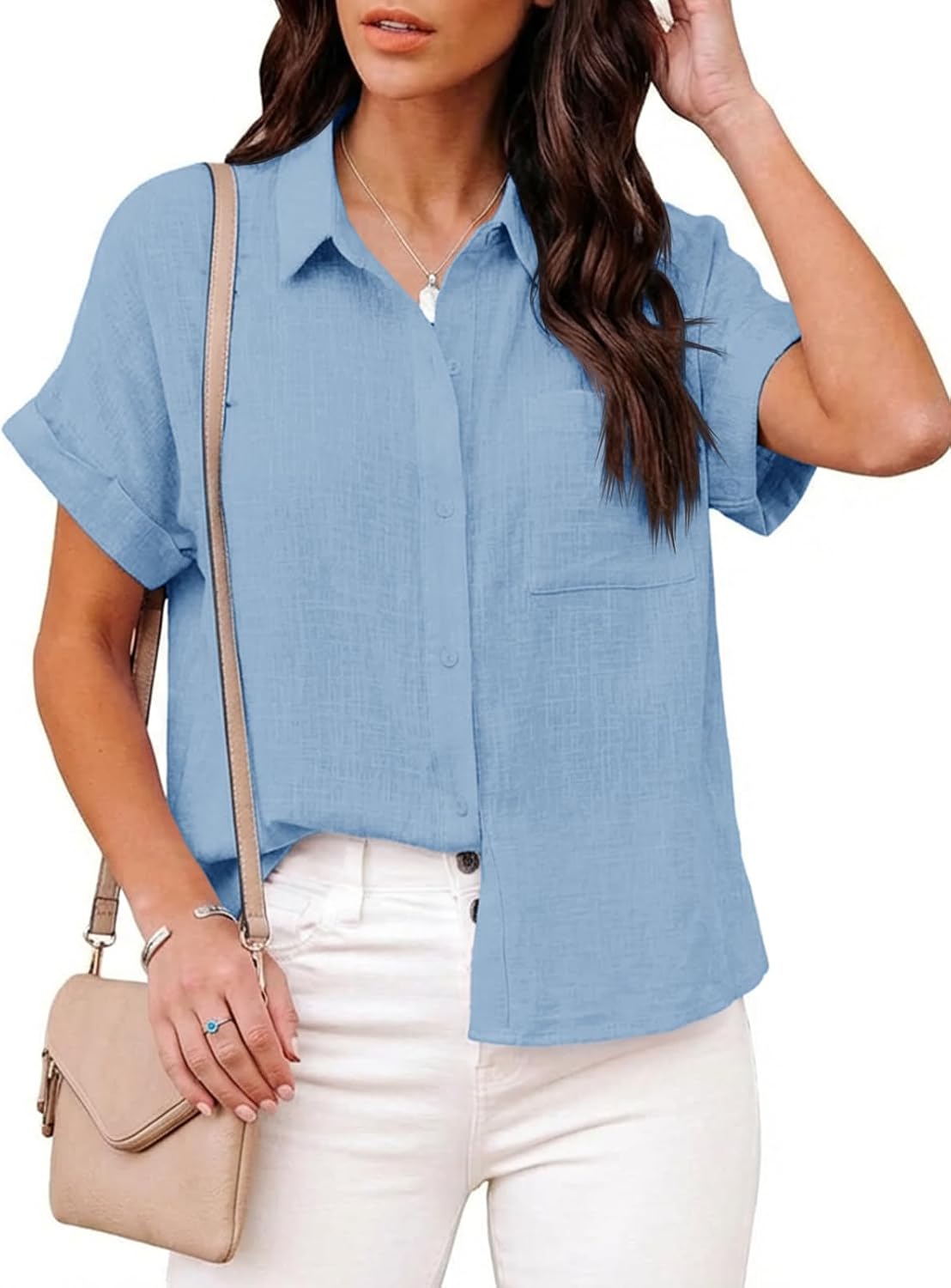 Cicy Bell Women's Summer Short Sleeve Cotton Blouses V-Neck Button Down Shirts Casual Basic Tops with Chest Pocket