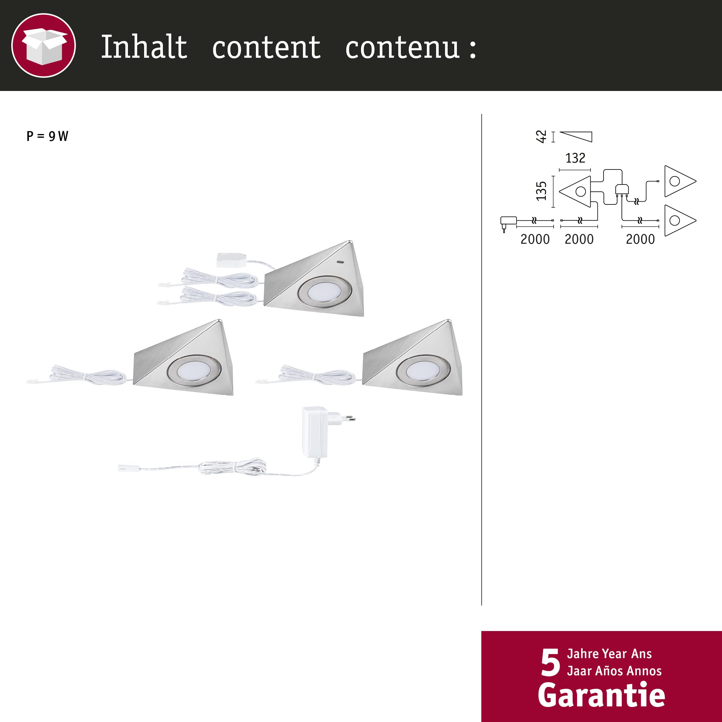 Paulmann 92125 LED sous-meubles Trias avec capteur de proximité kit de 3 3000 K 2,7W 135x132 mm 185lm Acier brossé luminaire en saillie pour meuble