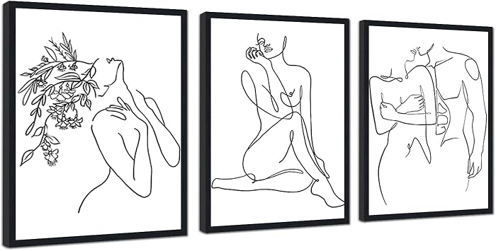 3 Piece Framed Abstract Woman Line Wall Art - Minimalist Line Drawing Prints White and Black Females Body Shape Painting Minimalist Wall Decor Modern Sexy Artwork for Bedroom Bathroom Home, 12x16inx3