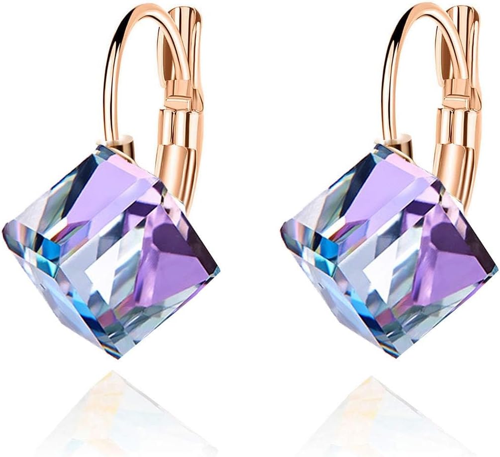 Cube Austrian Crystal Drop Leverback Earrings for Women Fashion 14K Rose Gold Plated Hypoallergenic Jewelry
