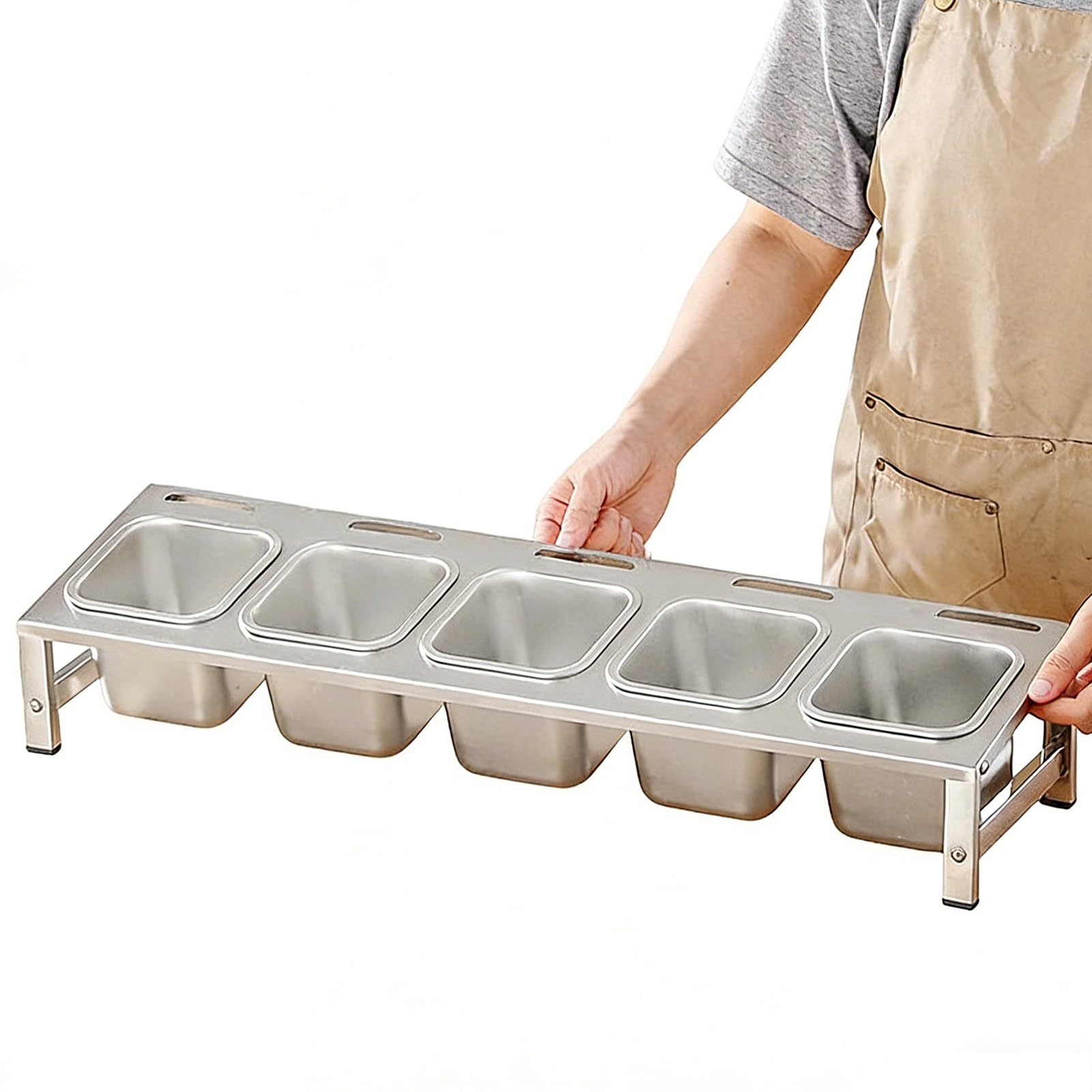 HADECOLL 2-Tier 304 Stainless Steel Pizza Topping Station, Counter Spice Rack Organizer, Condiment Tray For Kitchen Cabinet,No Lid-68X18.3X9.2~12.4cm