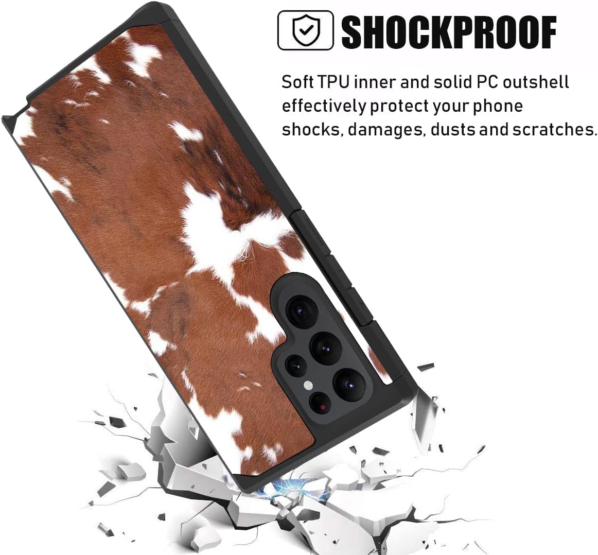 Galaxy S23 Ultra Case, Heavy Duty Dual Layer Hybrid Hard PC & Soft Silicone Shockproof Drop Protective Case for Samsung Galaxy S23 Ultra 5G, Brown Cow Print - Image 2
