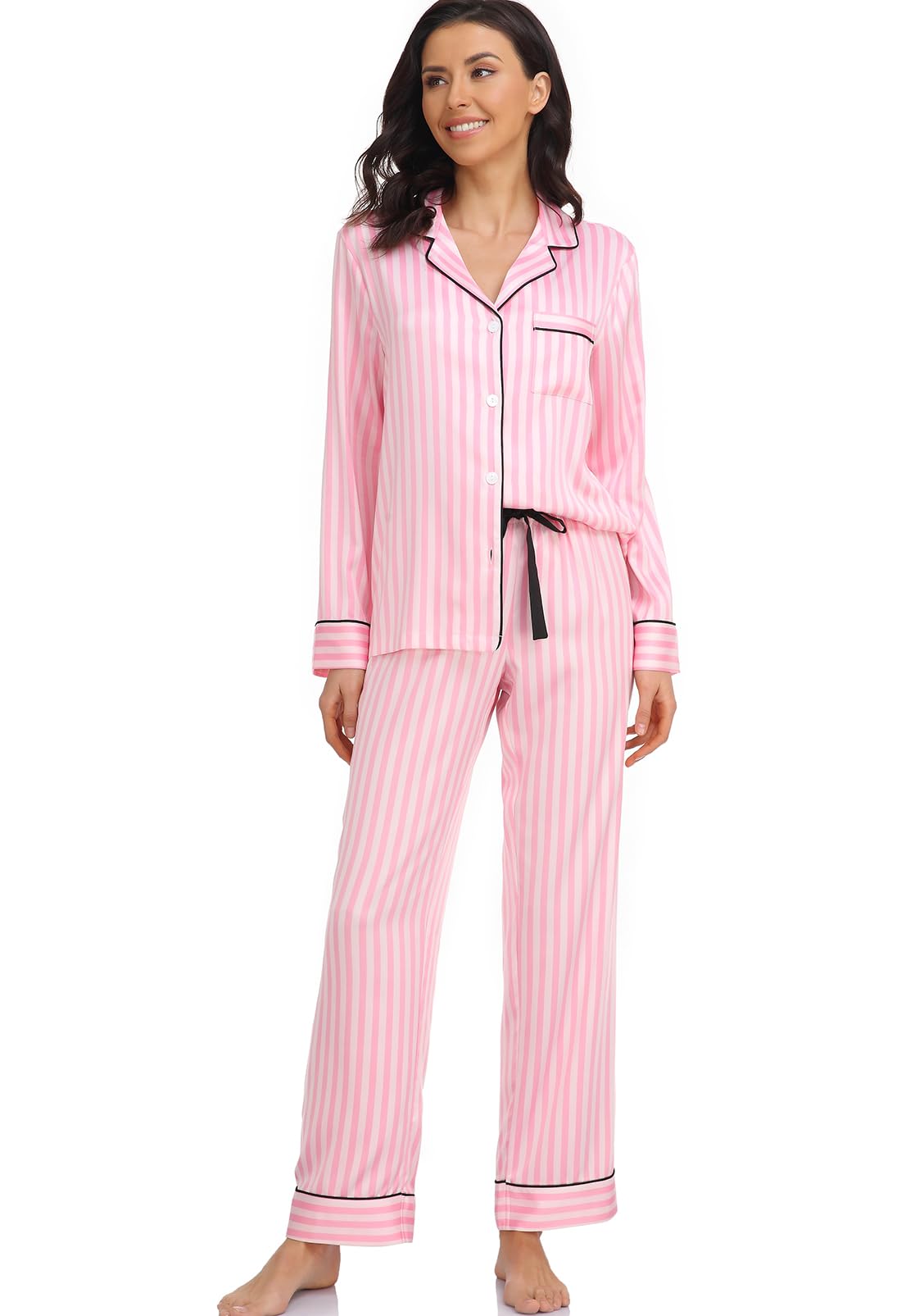 Serenedelicacy Women's Satin Pajama Set Long Sleeve Button Down Sleepwear 2-Piece Silky Pj Set, Pink Striped, M