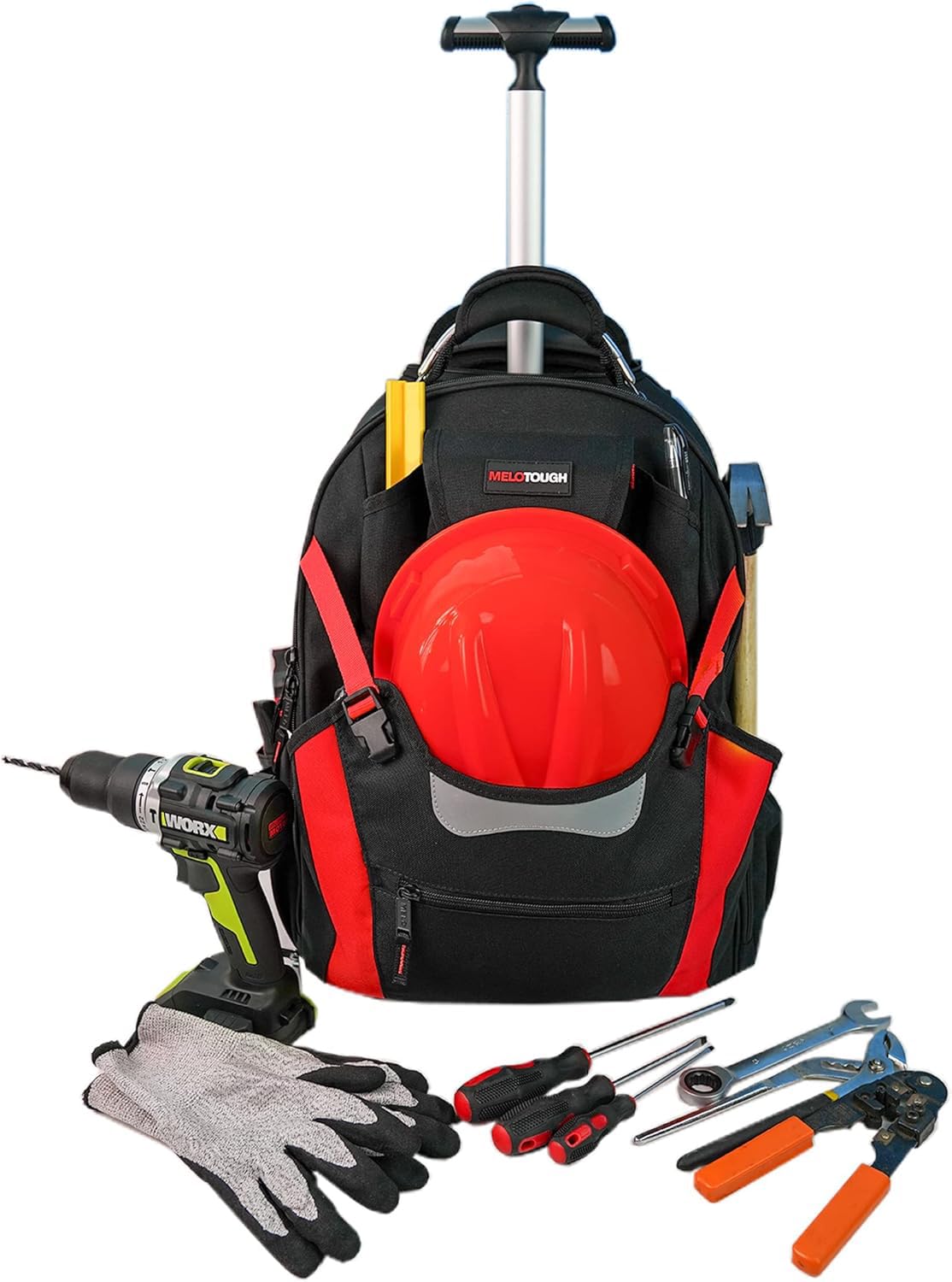 MELOTOUGH Bolsa de herramientas con ruedas, mochila de herramientas resistente con ruedas, bolsa organizadora de herramientas para electricista, carpintero, HVAC, soldador (rojo)