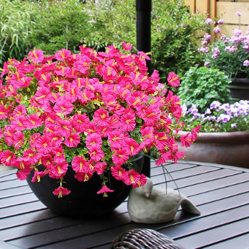 Image of Artificial Flowers for Outdoors, UV Resistant Fake Silk Morning Glory, Realistic Faux Plants for Outside Porch Patio Window Box Hanging Planter (16, Hot Pink)