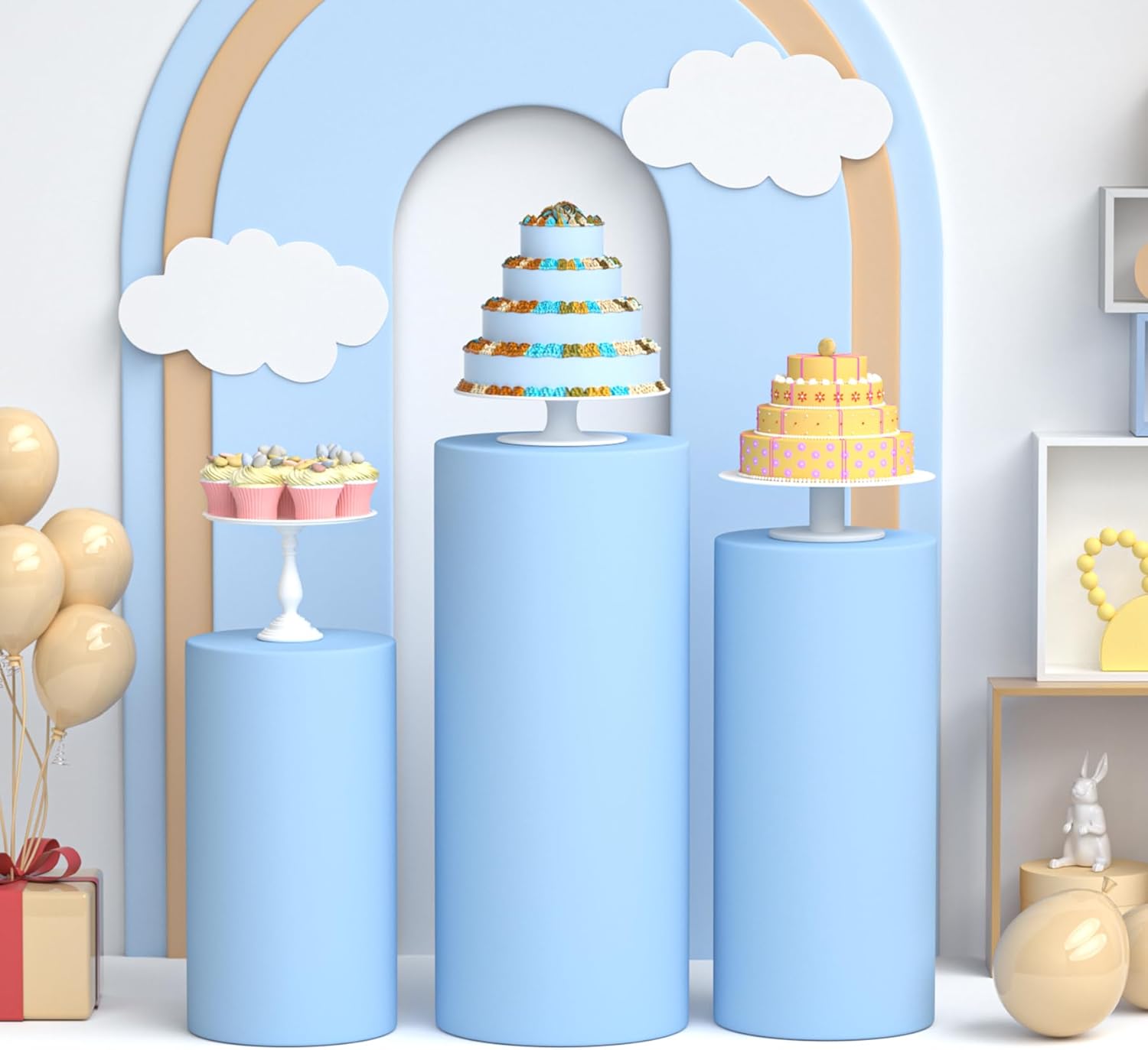 LEBENGURU 3Pcs Cylinder Pedestal Stand Covers Blue, Round Spandex Display Pedestal Covers, Elastic Cloth Plinth Pillar Cover for Parties Wedding Birthday Event Decor Props (Only Covers) Baby Blue 3 Sizes