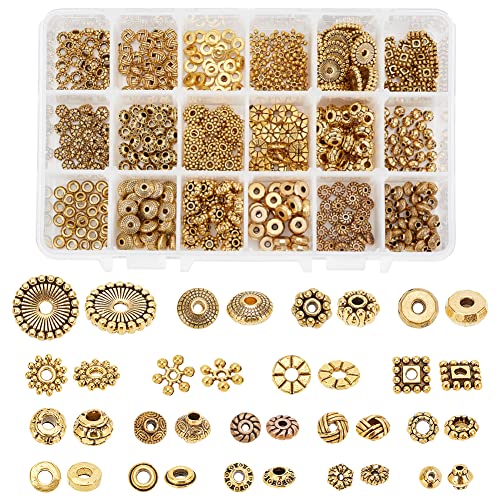 Pandahall 300 Perline Distanziali Tibetane In Lega Oro Antico, Forme Miste (Tubo, Rotondo, Biconiche), Per Gioielli Fai Da Te