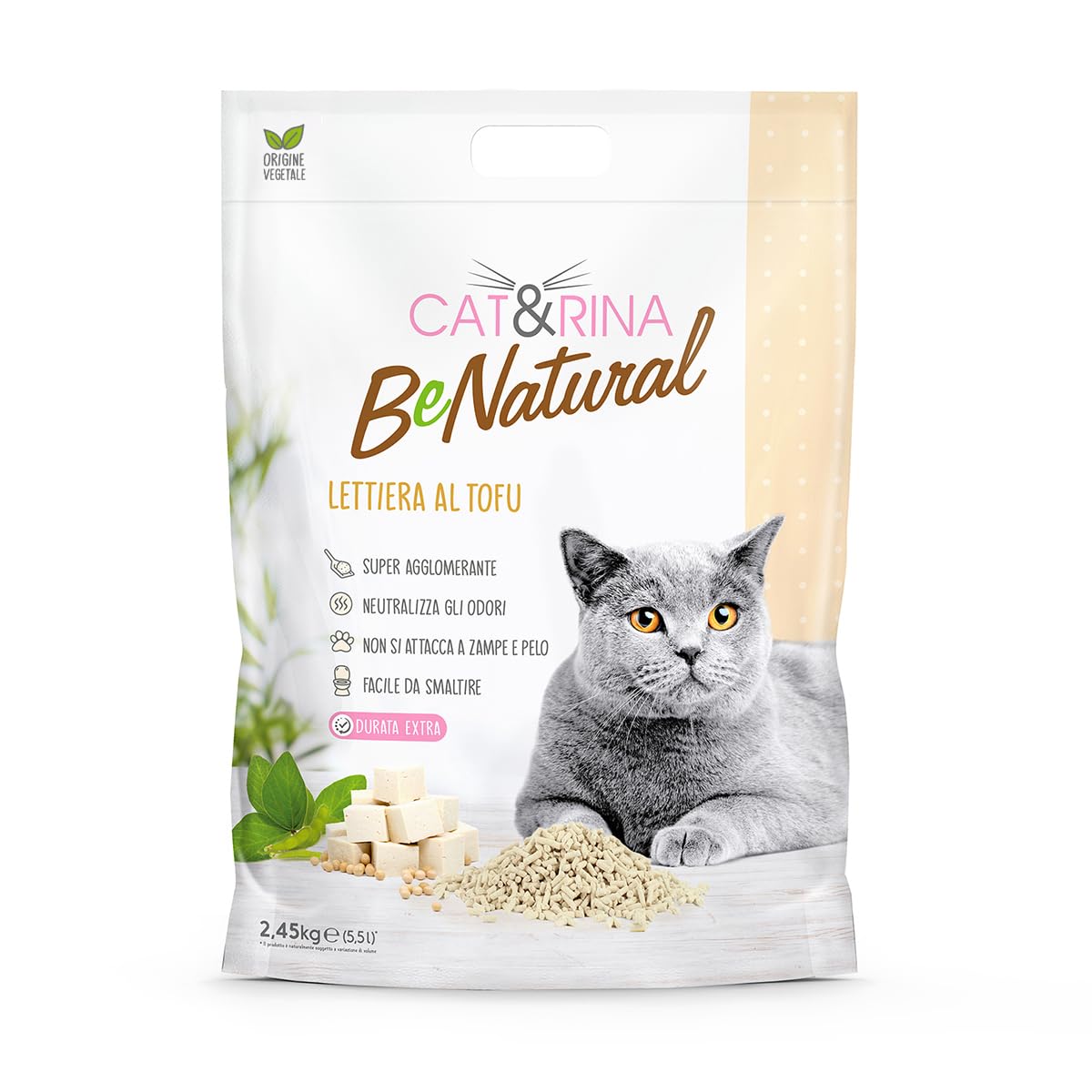 Cat&Rina BeNatural, lettiera per gatti al tofu da 5,5l. Lettiera gatto agglomerante di origine vegetale. Fino a 30 giorni di utilizzo. Si smaltisce nell'organico o nel wc. Sabbia gatti classica.