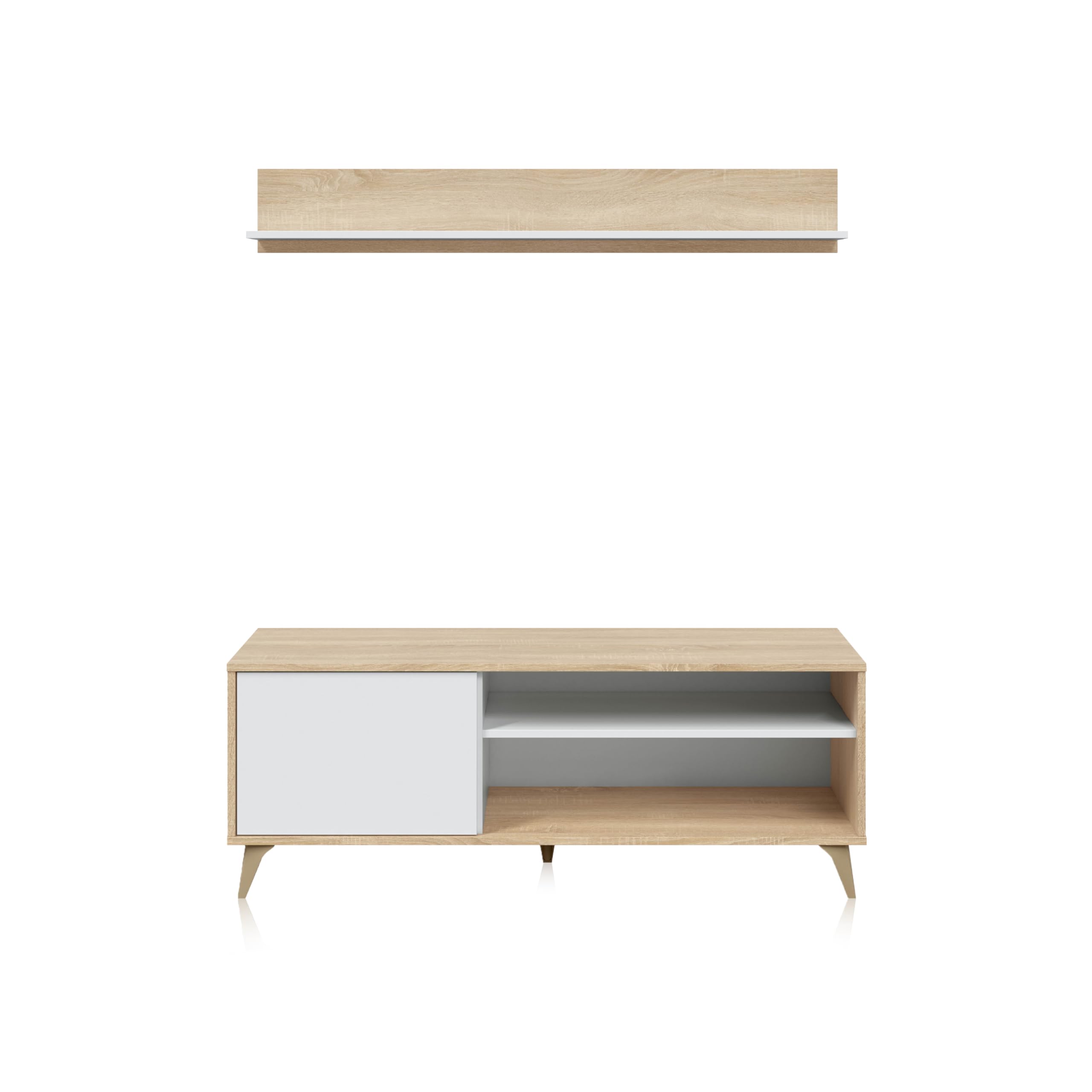 Habitdesign Modulo TV con Estante, Mueble de Salon, Juego de Muebles, Modelo Kikua Plus, Acabado en Blanco Artik y Roble Canadian, Medidas: 135 cm (Ancho) x 50 cm (Alto) 40 cm (Fondo)