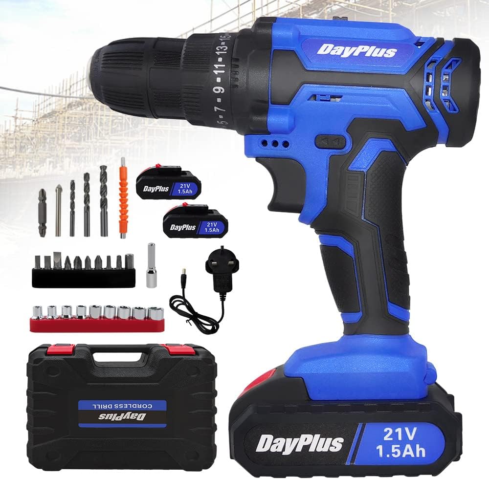 Cordless Drill Driver Kit, 21V Battery Drill Set, Electric Bolt Screwdriver, 2X Li-Ion Batteries, Fast Charger, 25+1 Clutch, 45N.m High Torque, 2 Speeds, Forward and Reverse Setting, LED Light
