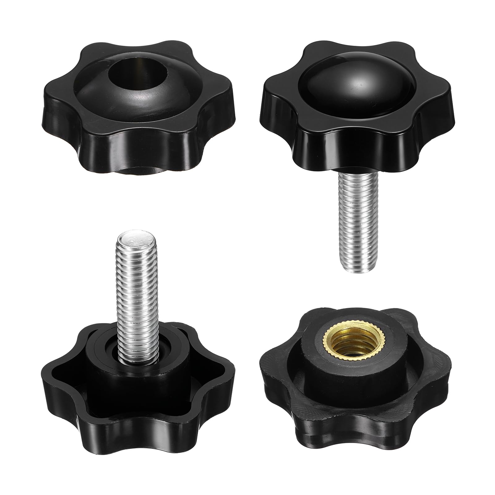sourcing map 2 Set Star Knobs M8 x 16mm Male + M8 Female Thread 38mm Head Metric 6-Star Threaded Stud Clamping Handles Screw in Through Hole Hand Jig Knob Thumb Screws, Black