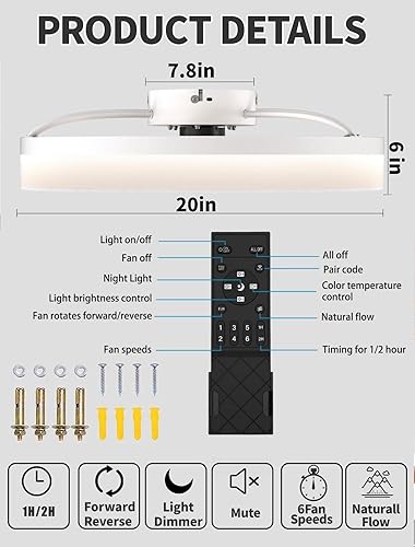 Miniatura 7 de PSHRFANST Ceiling Fans with Lights Dimmable LED Reversible Blades Timing with Remote Control 5 Invisible Blades Flush Mount Low Profile Modern